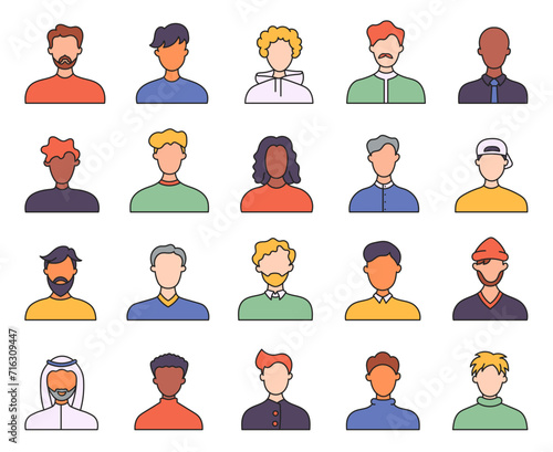Men face avatars. Unknown or anonymous person. Different male profile. Hand drawn style. Vector drawing. Collection of design elements.