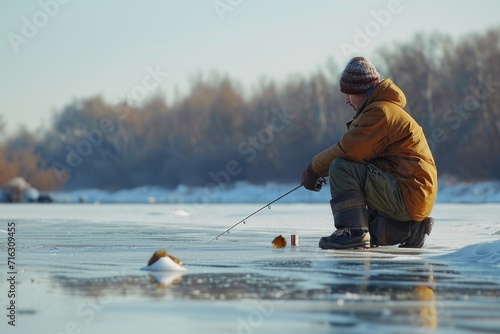 A man is seen fishing on a frozen lake. This picture can be used to depict winter activities or the tranquility of nature