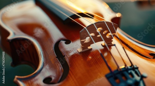 Close-up view of the strings on a violin. Perfect for musicians, music education materials, or any project related to string instruments