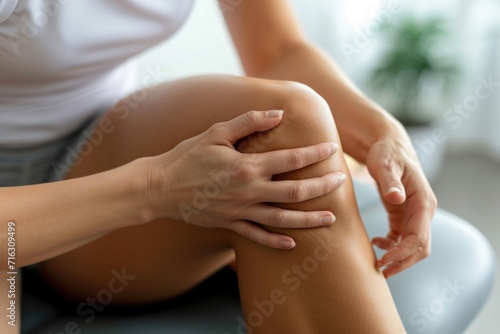 A woman sitting on a chair and holding her knee. Suitable for healthcare or pain management themes