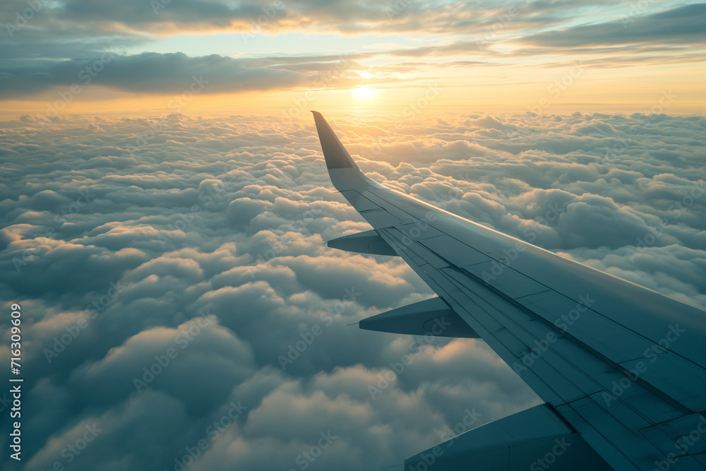 Obraz premium The image shows a wing of an airplane flying through the clouds at sunset.