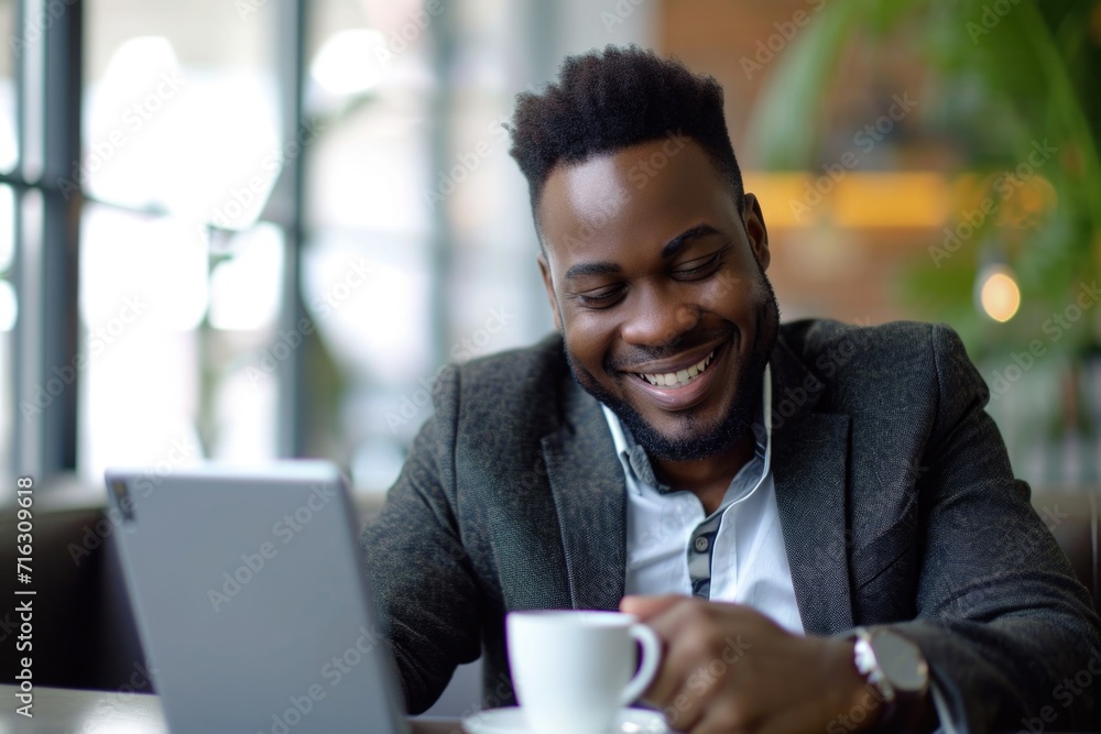 A man sitting at a table, working on his laptop while enjoying a cup of coffee. Suitable for illustrating concepts related to remote work, productivity, and technology A man sitting at a table, working on his laptop while enjoying a cup of coffee. Suitable for illustrating concepts related to remote work, productivity, and technology
