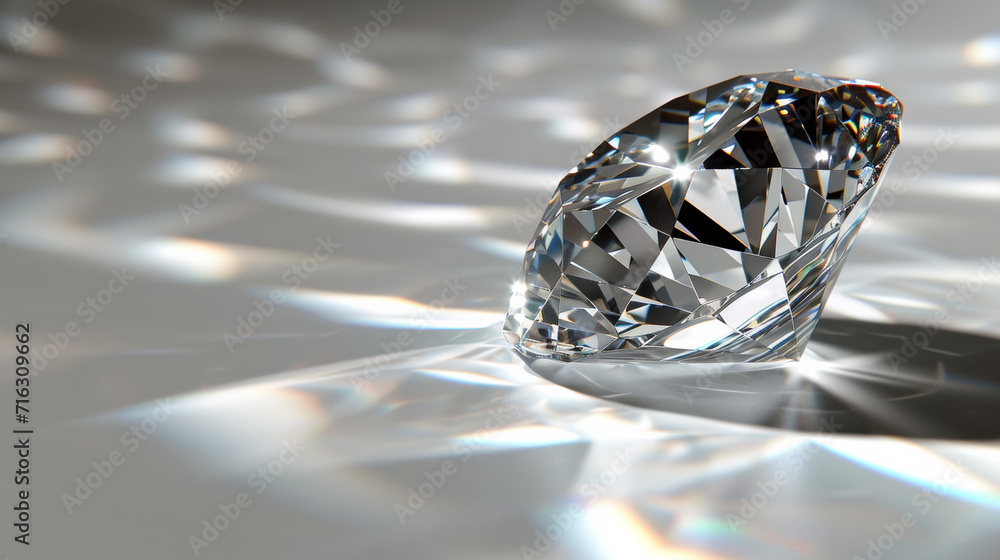 Einzelner Makelloser Diamant auf Reflektierendem Silberhintergrund - obrazy, fototapety, plakaty 