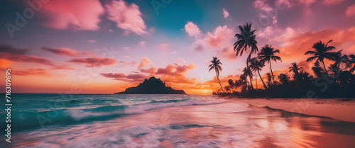 Sunset Serenity: HD Wallpapers of Crystal Clear Beach, Colorful Dream Sky, Universe Beyond, High Contrast, Saturated Colors, Palm Trees in Breeze, Dreamy Destination, Seascape Paradise.