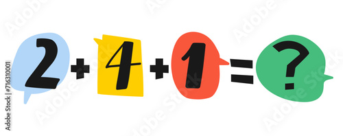 Two plus four plus one. Math problem for kids. Study mathematic. Vector illustration on white background.