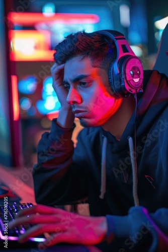 A man is sitting in front of a computer wearing headphones. This image can be used to illustrate concepts such as technology, work, music, or online communication