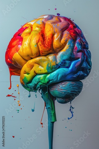 A vibrant rainbow colored brain covered in colorful paint splatters. Perfect for creative and artistic concepts photo