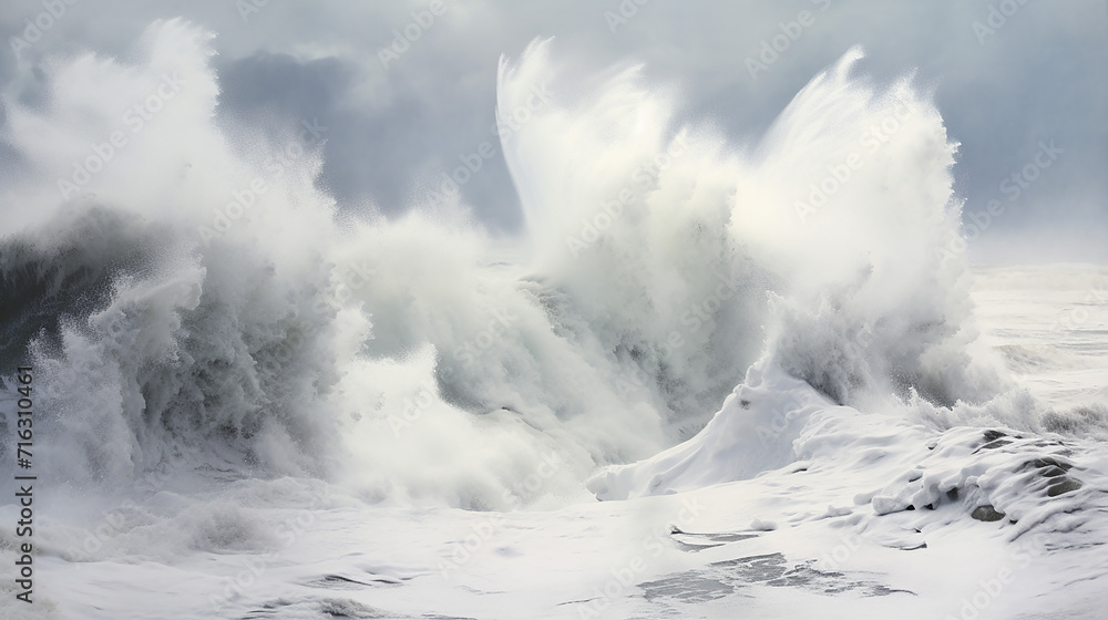 Blizzard in Winter with Furious White Waves. Wild water waves on the ocean in winter. Blizzard in Winter with Furious White Waves. Wild water waves on the ocean in winter.