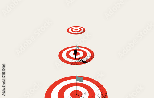 Business target achievement, success milestones concept, businessman running to flag on next target, vector illustration.