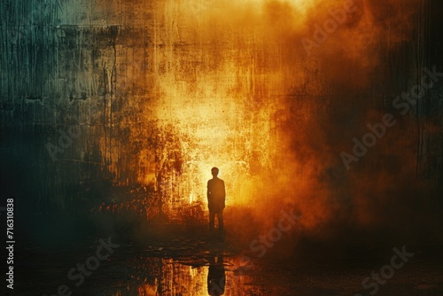 A person standing in front of a fire. Can be used to depict warmth, coziness, or a campfire scene