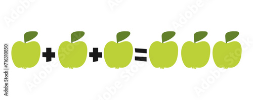 Arithmetic for children. Apples. Addition example. Flat design. Vector illustration on white background.