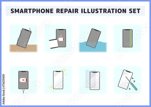8種類のスマホ修理イラスト素材セット