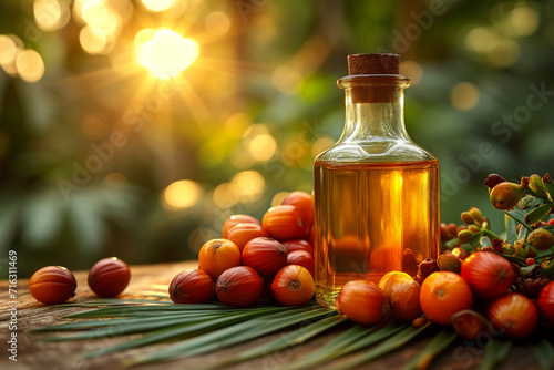 Palm oil in a clear glass bottle sits on a wooden table. photo