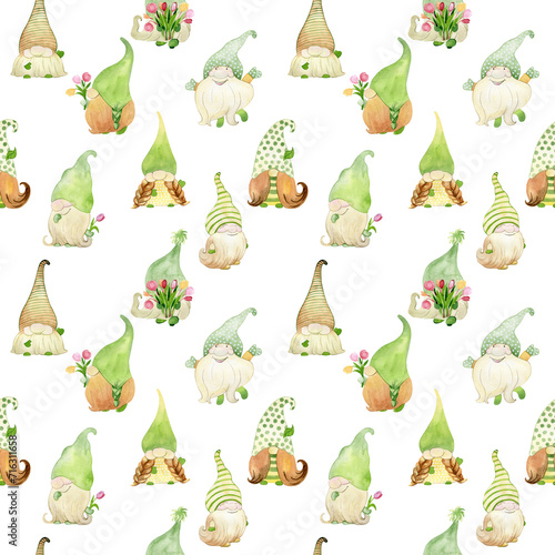 Watercolor seamless pattern with spring gnomes. Png.