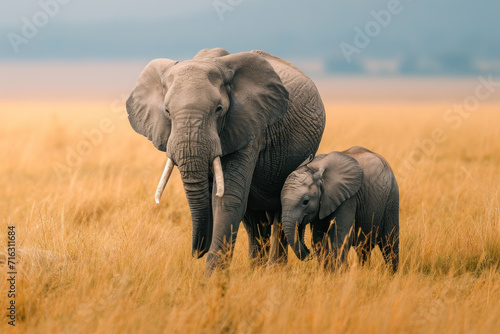 An elephant with her cub  mother love and care in wildlife scene