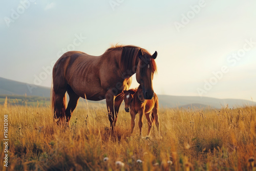 A horse with her cub  mother love and care in wildlife scene