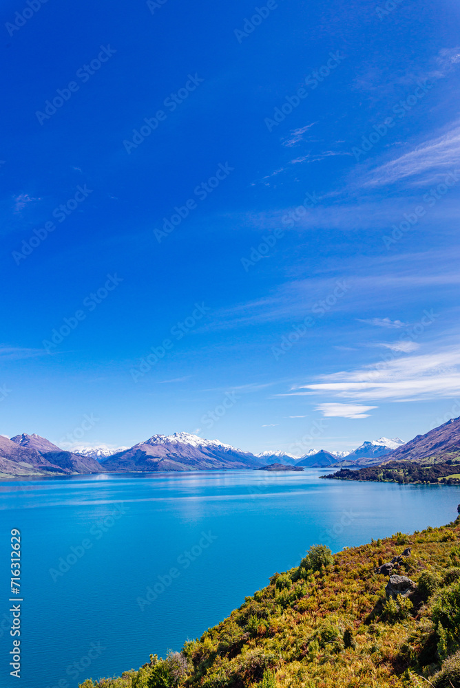 Scenic view of the mountains over Lake Wakatipu near Glenorchy, New Zealand.
