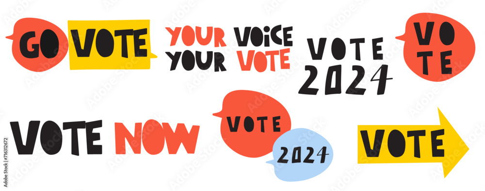 Vote 2024. Set of hand drawn badges and handwriting phrases. Flat vector illustrations on white background. Vote 2024. Set of hand drawn badges and handwriting phrases. Flat vector illustrations on white background.
