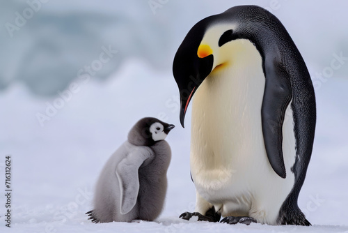 A penguin with her cub  mother love and care in wildlife scene