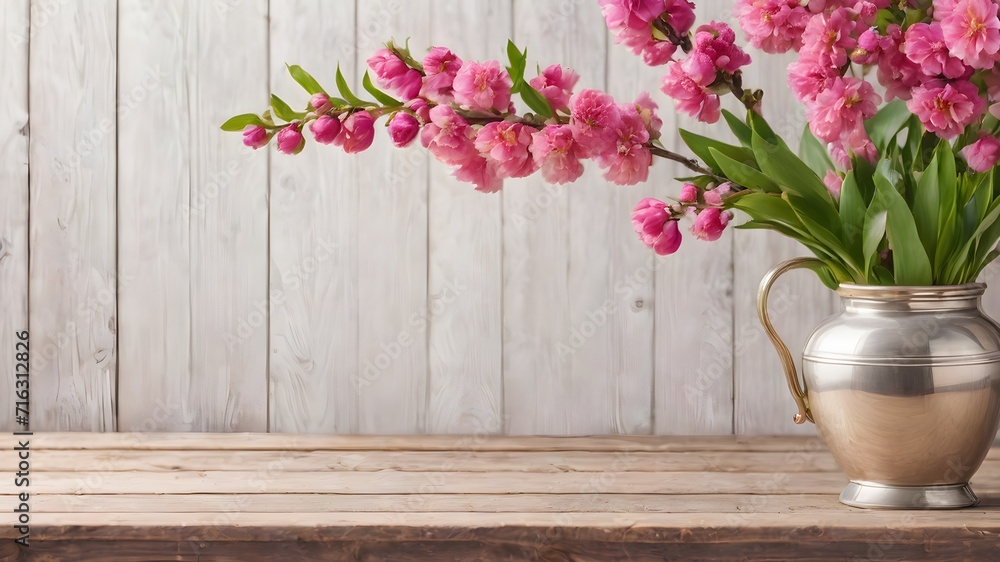 Bouquet of beautiful colorful flowers in vase on wooden table. Space for text Bouquet of beautiful colorful flowers in vase on wooden table. Space for text