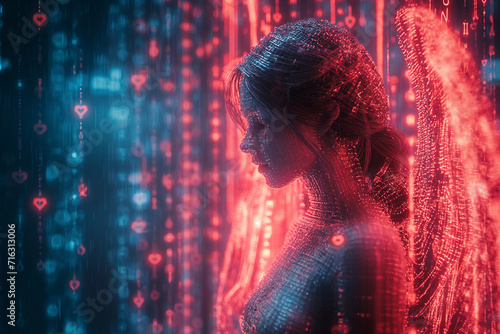 AI Cupid in a virtual space, surrounded by heart-shaped pixels and binary code.