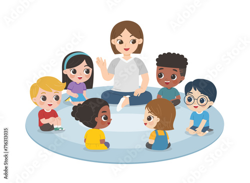 Teacher talks to student sit on floor in circle and listen to her.