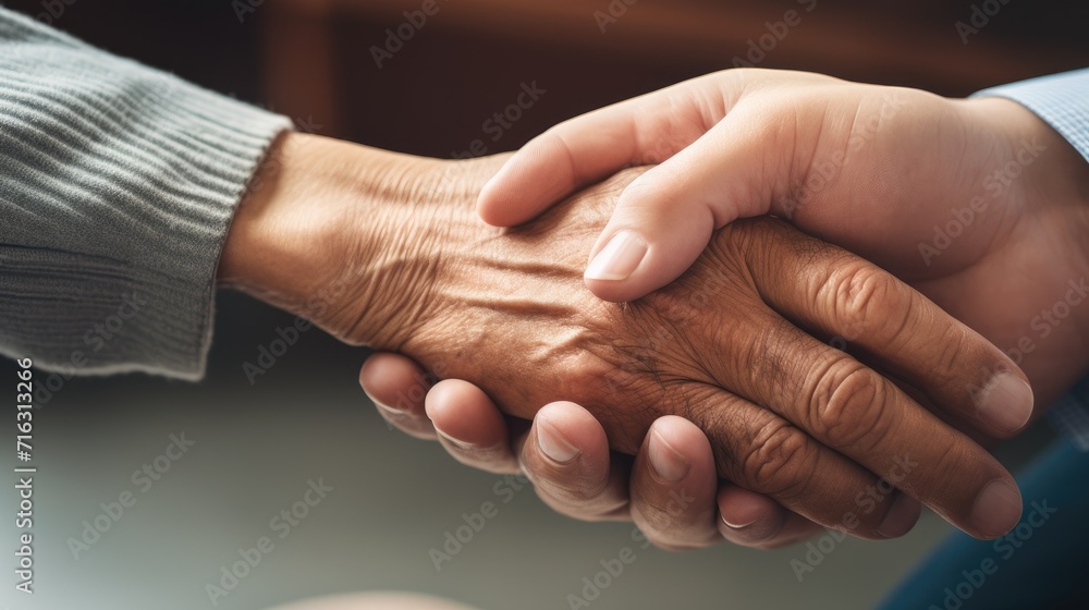 Close up doctor hand touching hand of patient, showing kindness and encourage for medication and treatment Close up doctor hand touching hand of patient, showing kindness and encourage for medication and treatment