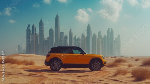Yellow car in desert in Dubai, United Arab Emirates at background © arti om
