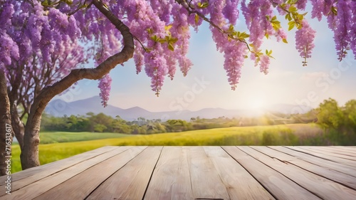 spring flowers on wooden background,Empty wooden table in pink flower Park with jacaranda flowers, Template mock up for display of product