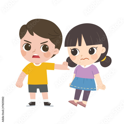 Boy student getting bullied in school. Boy pushing another girl. Problem of bullying at school. Sad moment.