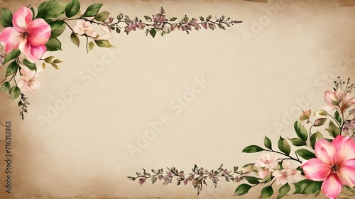 framework for photo or congratulation with flowers  flowers on old paper Vintage retro cardboard