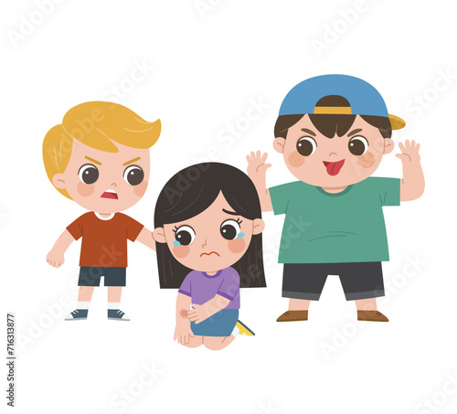 Student getting bullied in school. Sad girl sitting on floor surrounded by classmates mocking him, Problem of bullying at school. Sad moment.