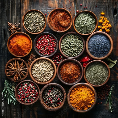 Assorted Spices Displayed in Bowls on a Wooden Table