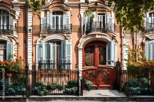 European townhouse facade  characterized by charming window boxes  wrought-iron railings  and a cobblestone sidewalk