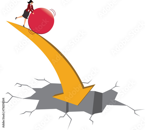 Financial Crisis, Finance, Businesswoman, Pushing, Red, Sports Ball,
