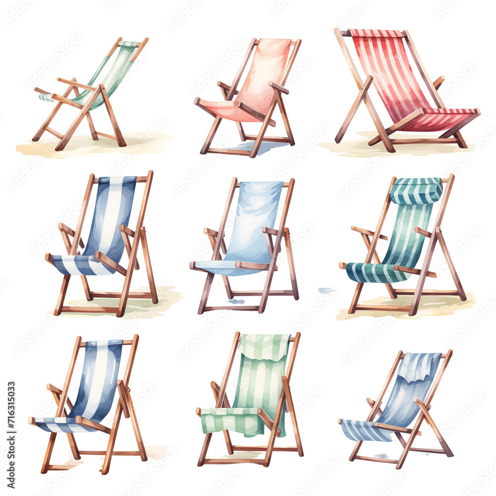Clipart Bundle Watercolor Beach Chair, on Transparent Background Clipart Bundle Watercolor Beach Chair, on Transparent Background