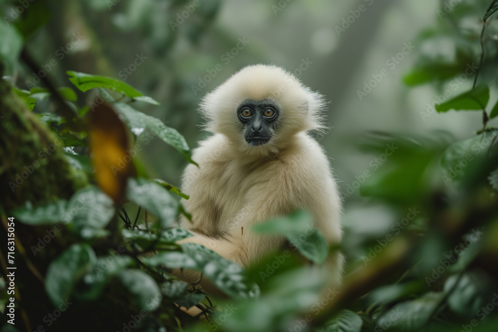 Fototapeta premium A young gibbon looks intently, surrounded by dense, misty foliage in a natural forest habitat.