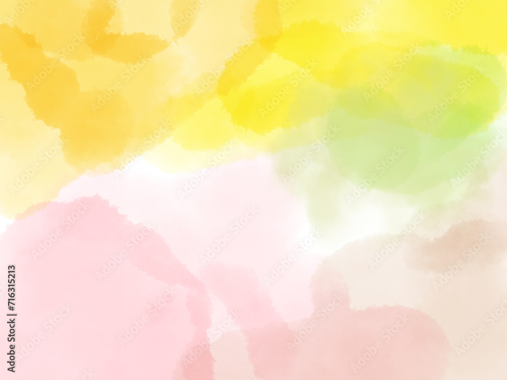 黄色、オレンジ、ピンク、緑のパステルカラー水彩画の背景、壁紙、透明感のあるイラスト 黄色、オレンジ、ピンク、緑のパステルカラー水彩画の背景、壁紙、透明感のあるイラスト