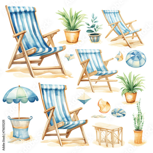 Clipart Bundle Watercolor Beach Chair  on Transparent Background