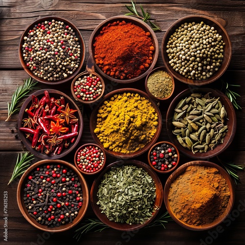 Assorted Spices in Bowls on a Wooden Table
