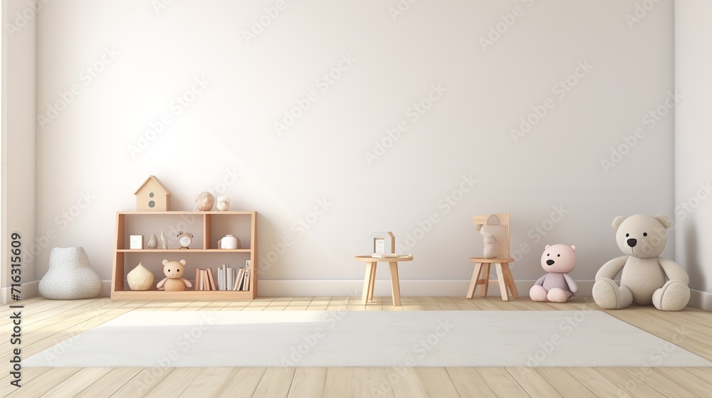 © wiwid - a children’s room with a wooden shelf, teddy bear, and other toys on a rug. The room has a minimalist design with a white wall and wooden floor.