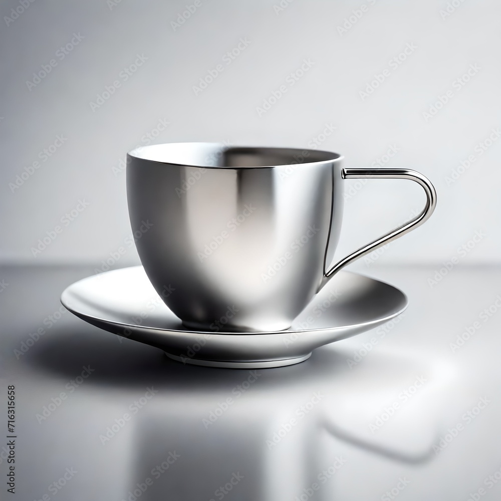 modern and sleek tea cup, with a minimalist design in cool metallic silver, showcased against a crisp white background