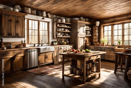 American farmhouse kitchen, with rustic wooden cabinets, vintage appliances, and sunlight streaming through the window 