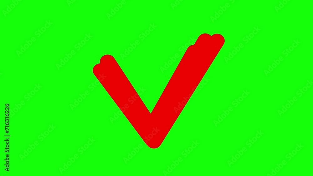 Animated red icon of check mark drawn with marker. Hand drawn symbol appears. Vector illustration isolated on green background. Animated red icon of check mark drawn with marker. Hand drawn symbol appears. Vector illustration isolated on green background.