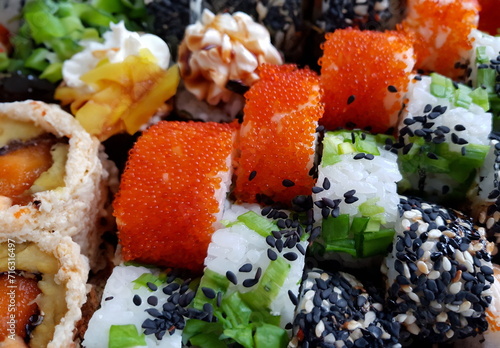 Fresh sushi rolls set food concept closeup