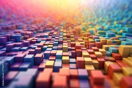 An abstract vibrant colored cube mosaic with a perspective view, creating an infinity concept in an extra wide background. Generative AI photo