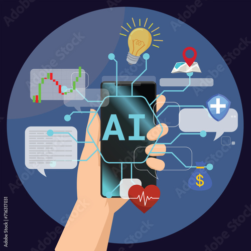 Hand holding mobile smart phone with Artificial intelligence for creating ideas, editing, searching for questions. Internet technology. Information technology.