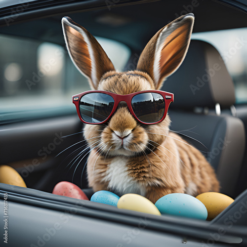 Cute Easter Bunny with sunglasses looking out of a car filled with Easter eggs, rabbit with black sunglasses