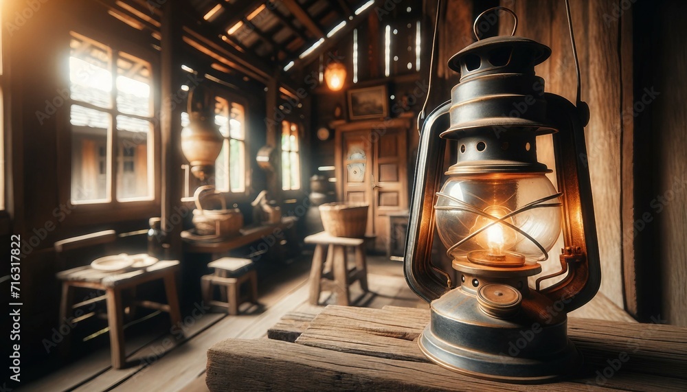 Vintage lantern in a rustic cabin interior.