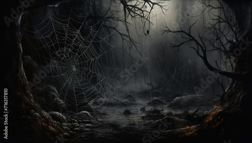 Mysterious dark forest with cobwebs and fog. Halloween background. background for horror or halloween, haunted, spooky and scary ghost evil photo